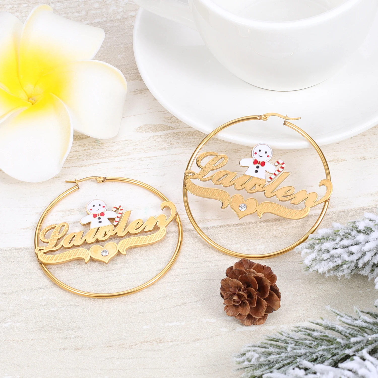 New Christmas Jewelry Customized Earrings Name Two Tone 18K Gold Plated Snowman Personalized Hoop Name Earrings for Women Girls