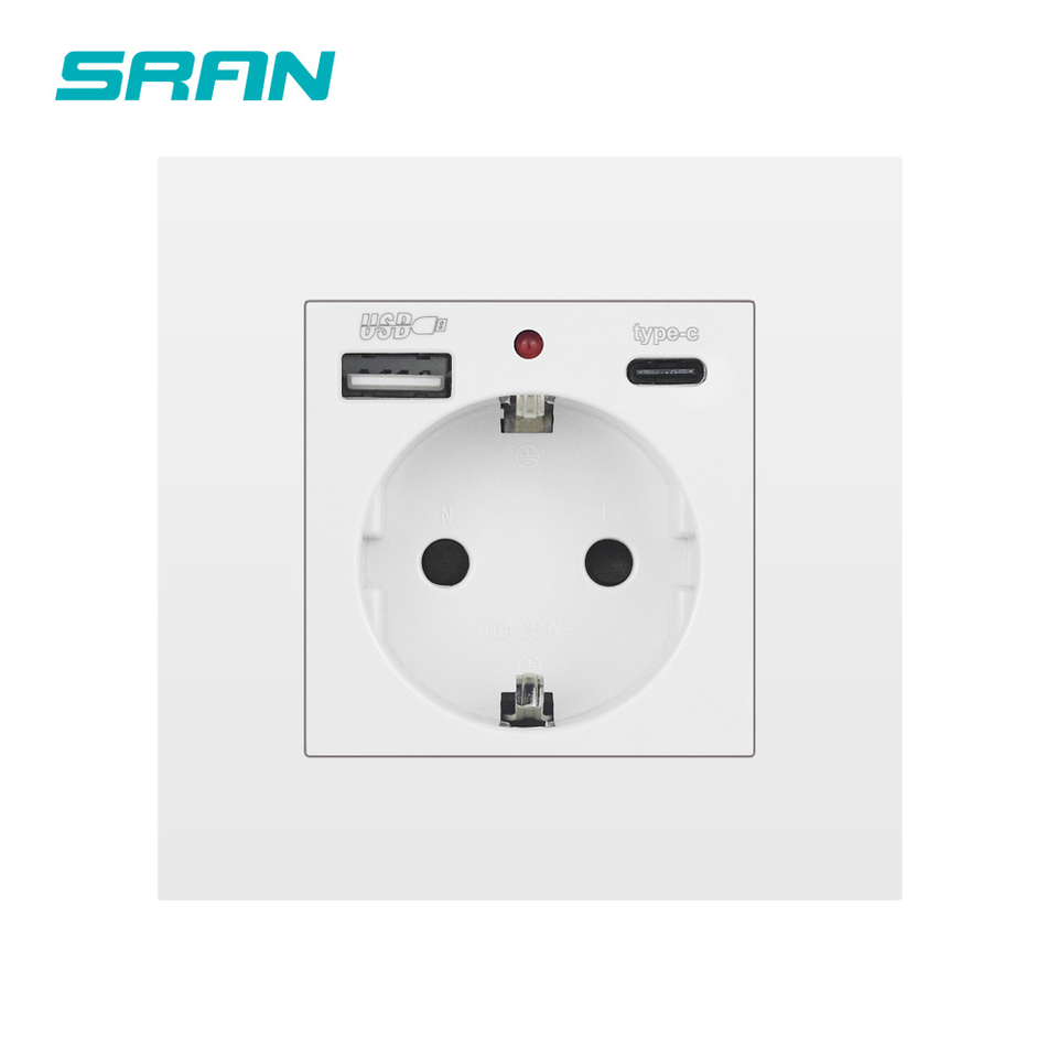 EU Power Socket ,Socket With Usb Charging Port and Type c 2.1A 16A Gray PC Panel 86mm*86mm Russia Spain Wall Socket SRAN