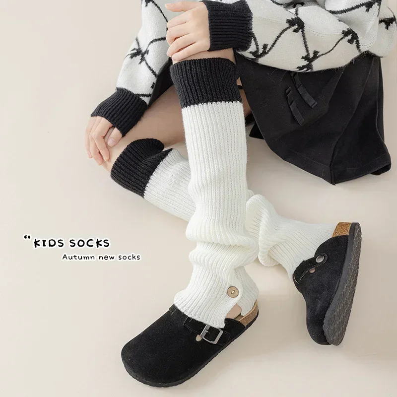 Retro Fashion Kids Girl Leg Warmers Korean Simplicity School Solid Color Calf Sock for Children Autumn Winter Piles Loose Socks