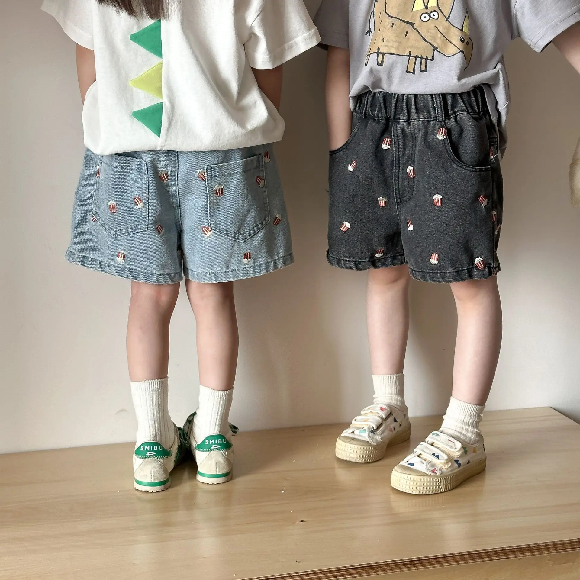 Children's Denim Shorts Embroidered Popcorn Casual Pants Summer Korean New Kids Baby Boys Girls Loose Jeans Shorts