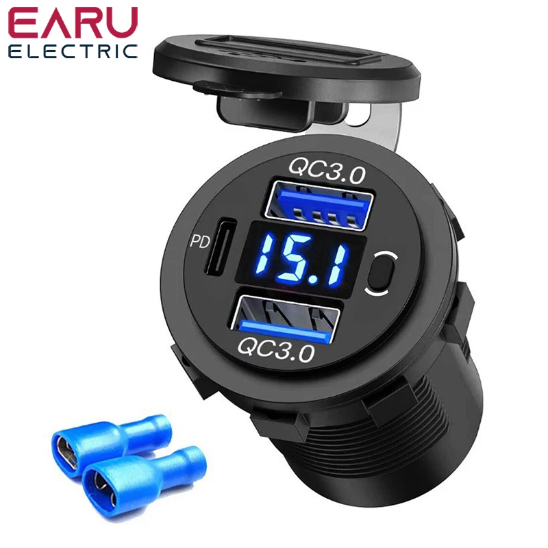 

60W PD Dual QC 3.0 USB Charger with Digital Voltmeter Switch Socket Power Outlet Adapter Waterproof 12V 24V Car Truck Motorcycle