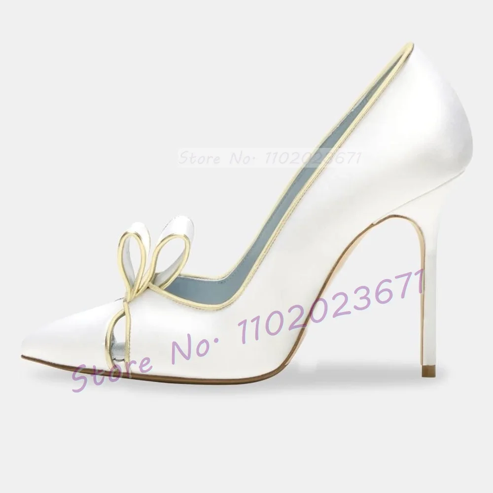 

Белые атласные свадебные туфли-лодочки, Женские Элегантные классические туфли с бантом-бабочкой и острым носком, женские стильные ажурные туфли большого размера на высоком каблуке