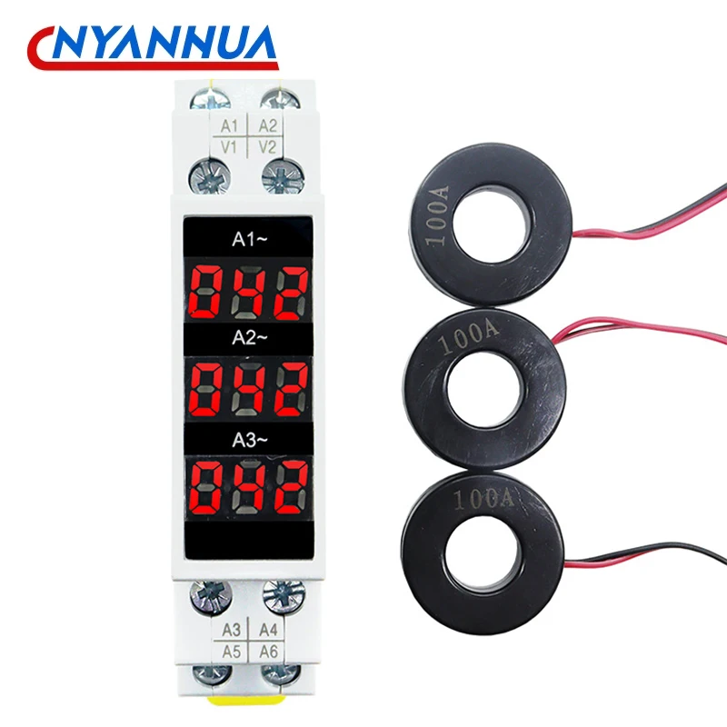 Mini Din Rail Digital Display Three-Phase Modular Current Meter Gauge Indicator LED 1-100A 220V 380V