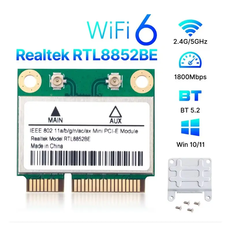 AX1800 Wifi 6 네트워크 카드 RTL8852BE 미니 PCI-E 듀얼 밴드 2.4G/5Ghz 어댑터(Windows 10/11용 BT 5.2 브래킷 포함)