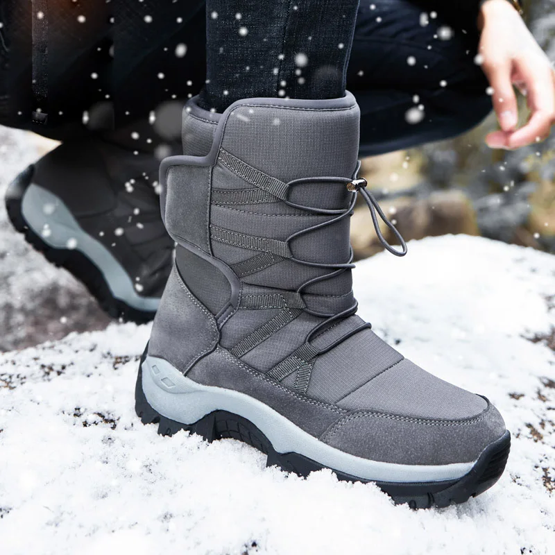 Unisex Snow Boots Warm Push Mid-Calf Boots Waterproof Non-slip Winter Boots Thick Leather Platform Warm Shoes Large Size 35-46