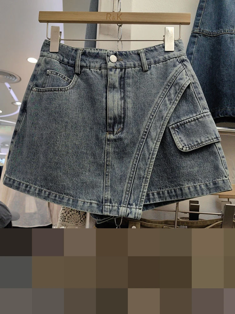Denim shorts skirt women's irregular A-line wide leg pants for spring/summer 2024 casual front skirt and back pants
