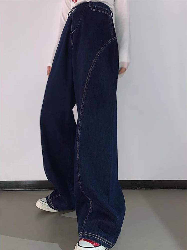 HOUZHOU Hippie Harajuku Oversize Wide Leg  Jeans Women Y2K Korean Baggy Denim Pants Female Line Decoration Jean Loose Trousers