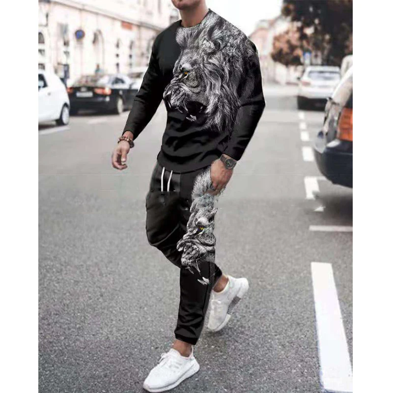 2022 Summer Trend Men's Clothing Printing 3D Casual Long Sleeve Men Shirt Set Round Collar  Tracksuits Street Sports Pants Size