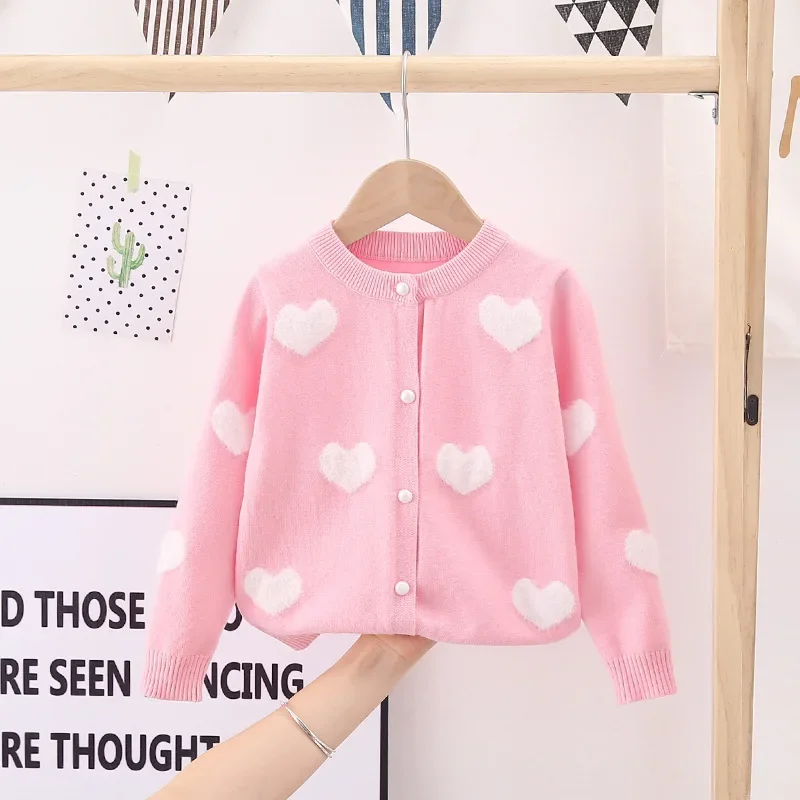 كنزة صوفية Clothes Child Girl 2023 Autumn Mink Love Girl Woolen Cardigan Cute Baby Sweater 3 To 8 Years Children Clothing 아기옷