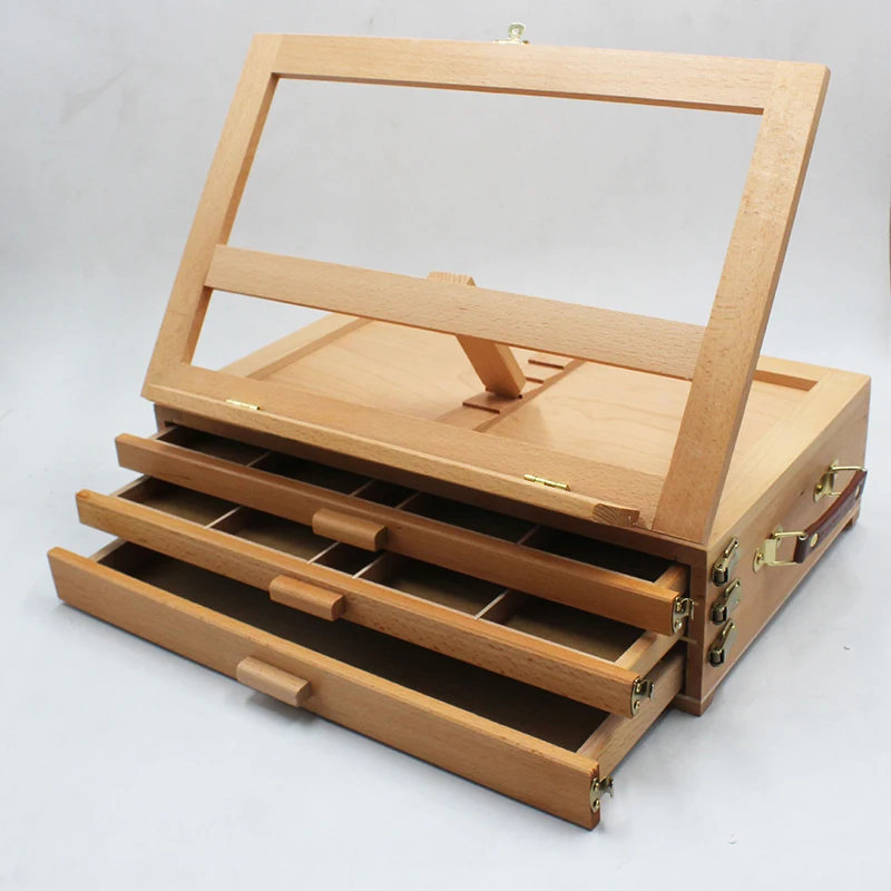 Регулируемая деревянная коробка для хранения с 3 ящиками, портативная искусственная настольная подставка из дерева, со складным холщовым мольбертом для маркеров