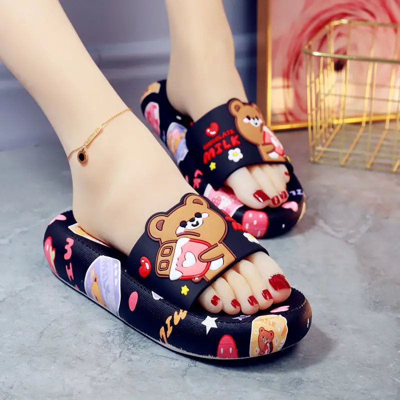 Women's Slippers Summer Thick Bottom Cartoon Cute Bear Home Bathroom Sandals and Slippers Non-slip High-heeled Fashion Wear