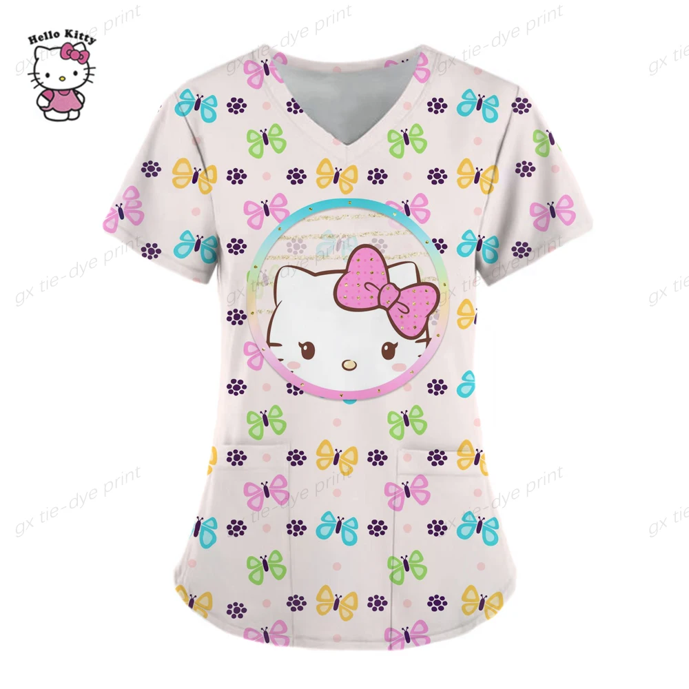 thumbnail image 1 of Camisetas de manga corta para mujer, uniforme de enfermera con estampado de Hello Kitty, cuello en V, bolsillo, para trabajadores de la salud, ropa de trabajo clínica, 1 of 5