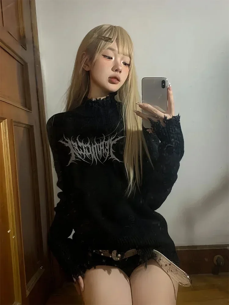 

Black Letter Sweater Y2k Aesthetic Knitted Jumper Ripped Tassel Crewneck Pullover Women Autumn Fashion Vintage Grunge Sueter