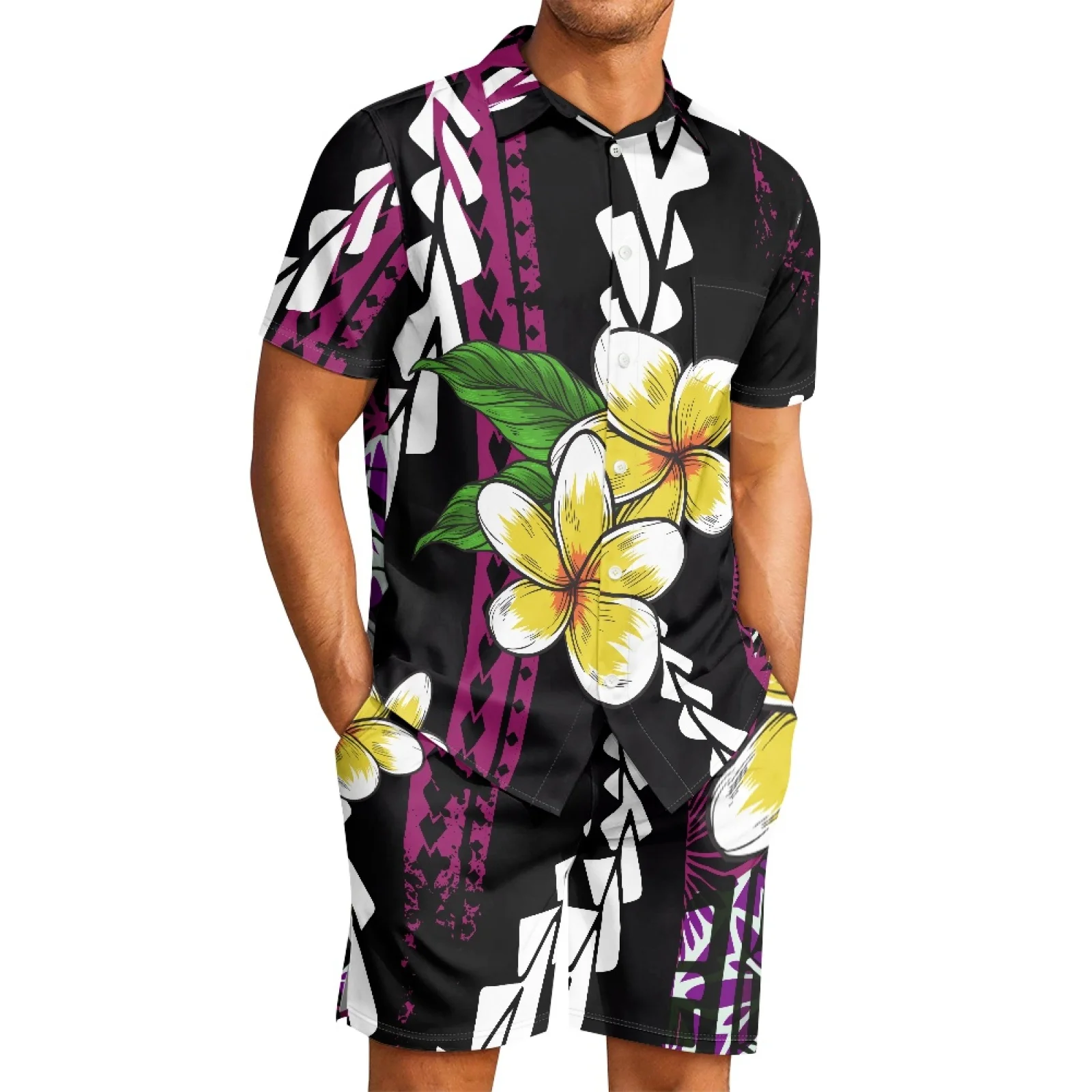

Polynesian Tribal Samoan Totem Tattoo Samoa Prints New Style Man Casual Party Button-Down Shirt Plumeria Short-Sleeved Shorts