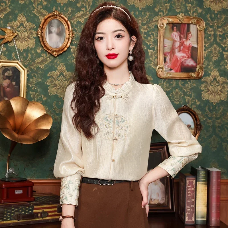

Satin Chinese Style Blouses for Women, Embroidery, Loose Silk, Vintage Clothing, Long Sleeves, Spring, Summer 2024 Korean