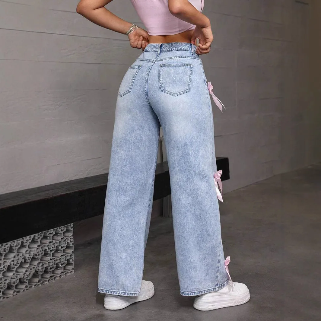 Y2K American Bow Washed Jeans Street Loose Straight Leg Wide Leg Pants 3