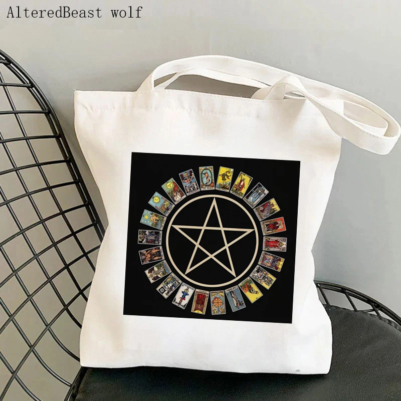 Women Shopper bag magic Pentacle and The Major Arcana of Tarot card witchy Bag Canvas Shopper Bag girl Shoulder Lady Bag