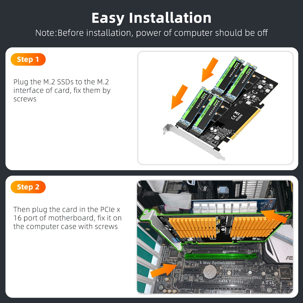 MAIWO NVMe 확장 카드 PCIe 3.0 to M.2 NVMe SSD 컨버터 4베이 레이드 어레이 카드 PC 마더보드 PCI-e X16 2242 2260 2280mm용