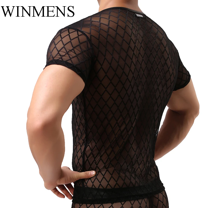 Adult Men's Undershirts Diamond Mesh Breathable Black See Inner O-neck Short Sleeves Sheer Fishnet Fitness Dance Performance
