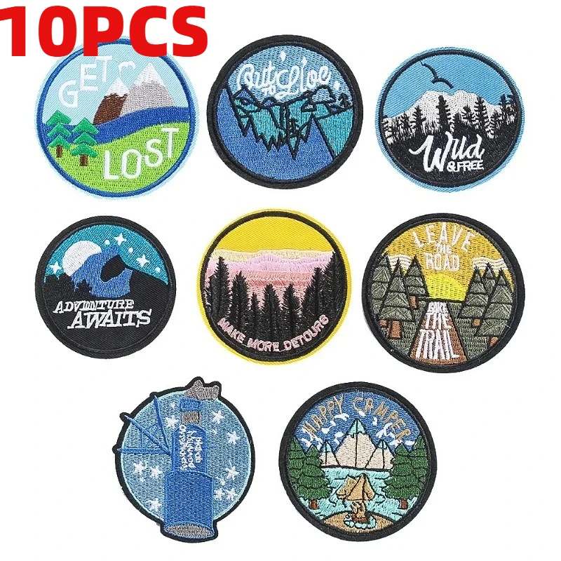 10PCS 자수 라운드 문자 풍경 자수 천 스티커 의류 액세서리 의류 자수용 스티커 패치