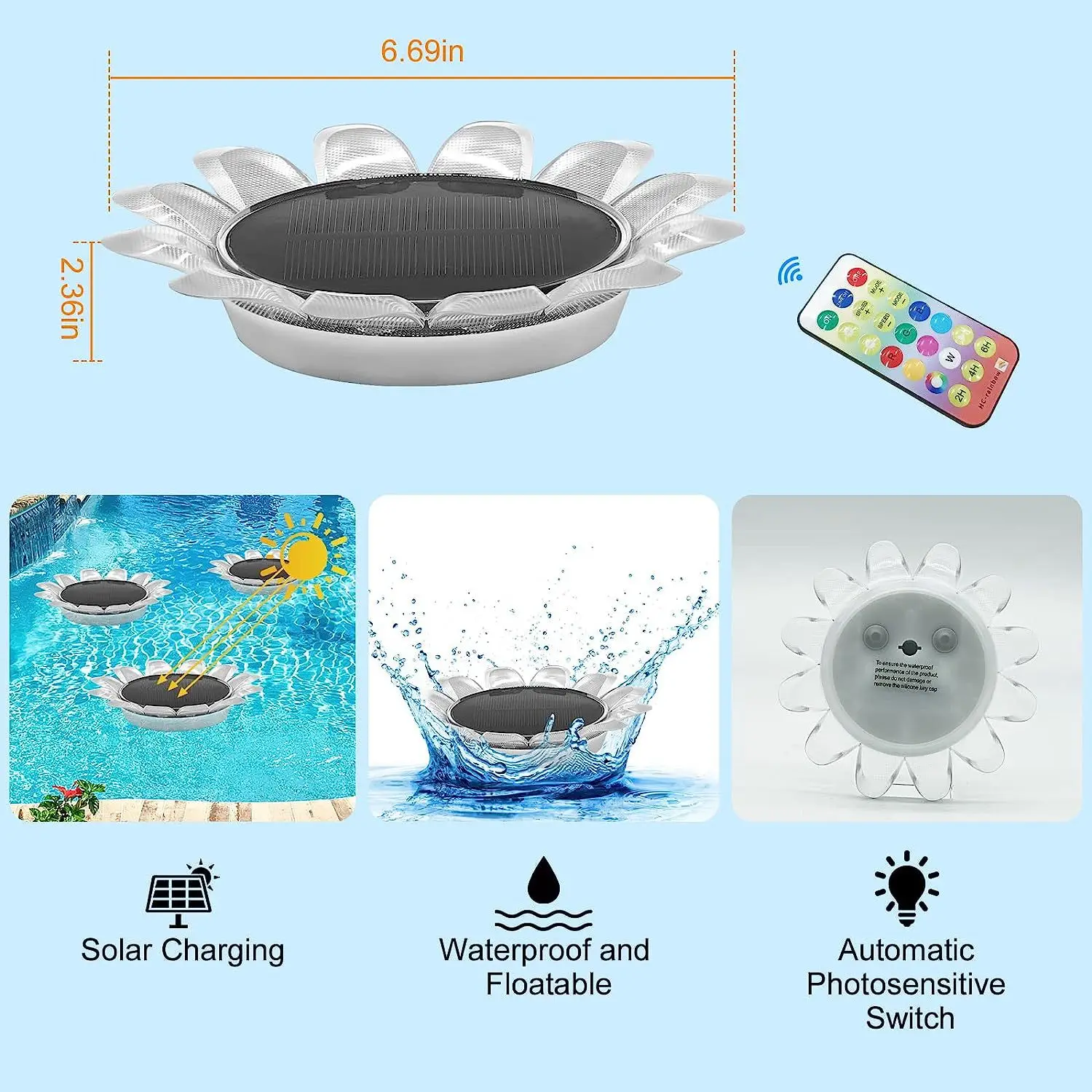 Description Picture 4 of itemSolar Powered LED Flower Light Artificial Lotus Shape Floating Fountain Pond Garden Swimming Pool Lamp lawn Led Night Light