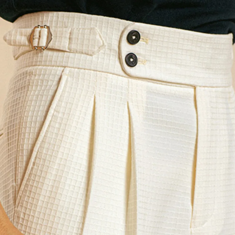 

Waffle Suit Pants Men Summer Thin Double Pleated Loose Naples Pants Men's Casual Straight Leg Pants Italian Paris Button Trouser