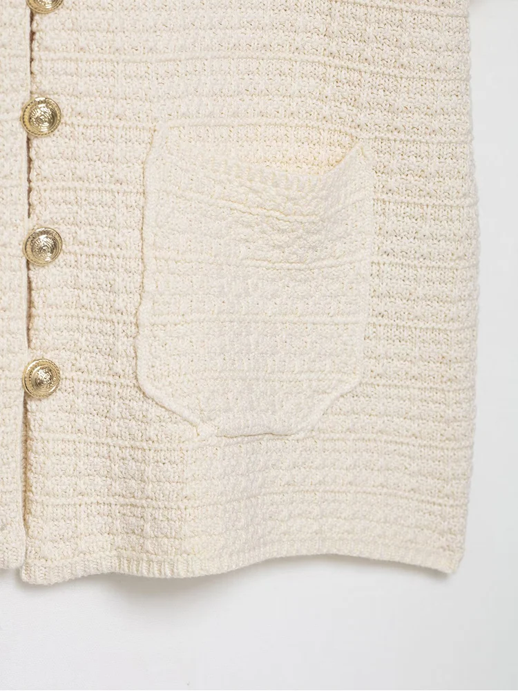 TFMLN Summer Women's Knit Sweater Casual Short Sleeve Metal Button Round Collar Lady Knitwear Tops Fashion Elegant Solid Coat