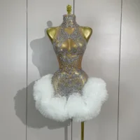 STOCK Diamonds Mesh Sexy See Through Cocktail Mini Dress Women Eveing Luxury Birthday Party Singer Nightclub Show Stage Costume
