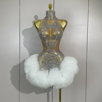 STOCK Diamonds Mesh Sexy See Through Cocktail Mini Dress Women Eveing Luxury Birthday Party Singer Nightclub Show Stage Costume 1