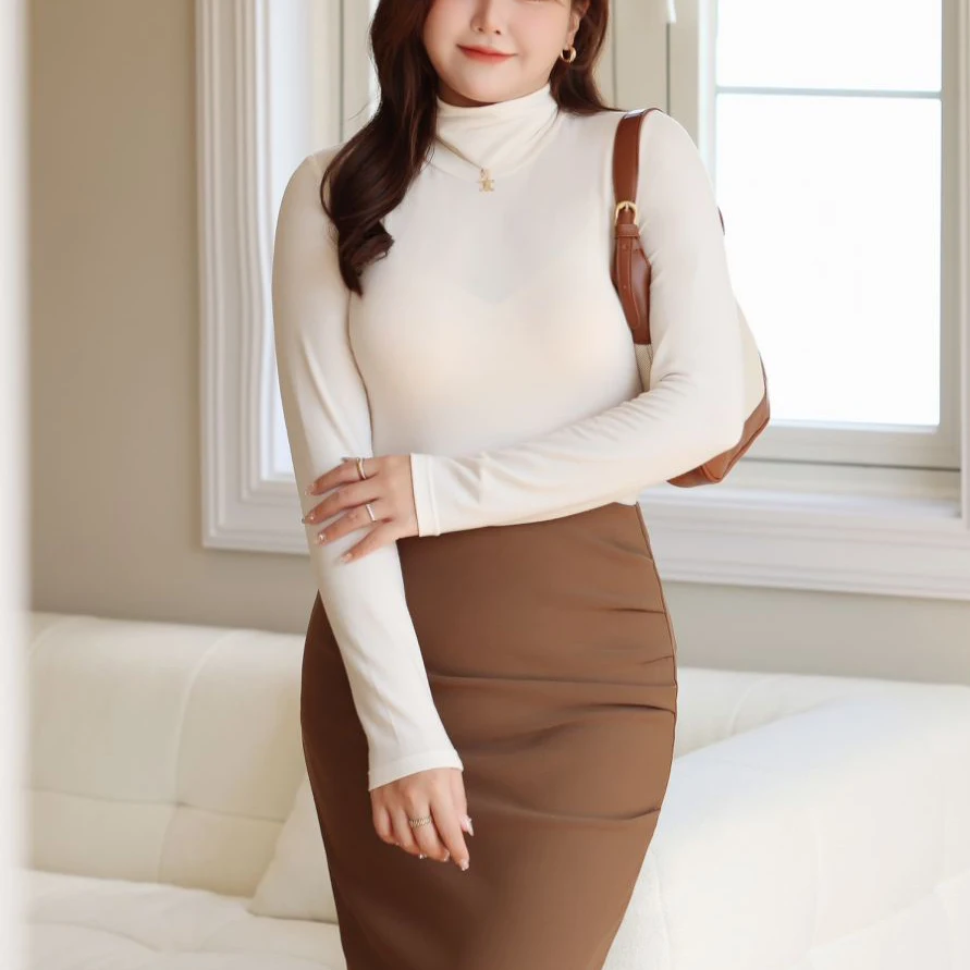 XXXL Fashion Plus Size Women's T-Shirt Premium Solid Color Turtleneck Slim Tees French Soft Commuter Long Sleeve Tops 8808