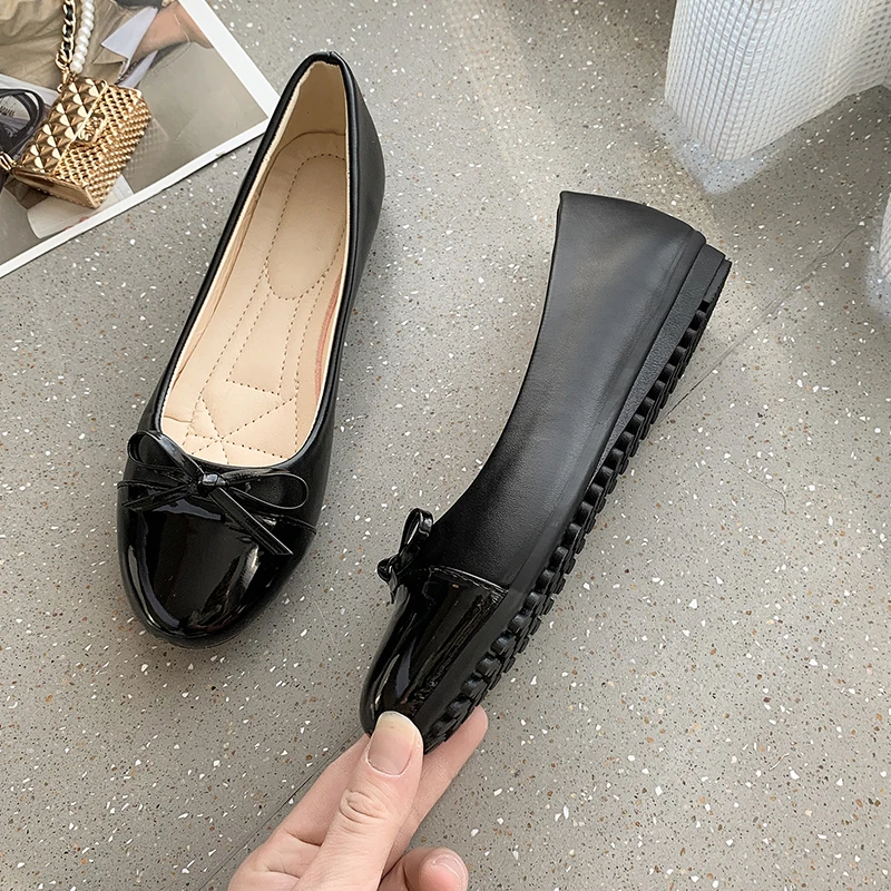 Cap-Toe Patent Leather Ballet Flats round toe non slip cute shoes  Comfort Bowknot Ballerina  ladies shoes on sale elegant shoes 6