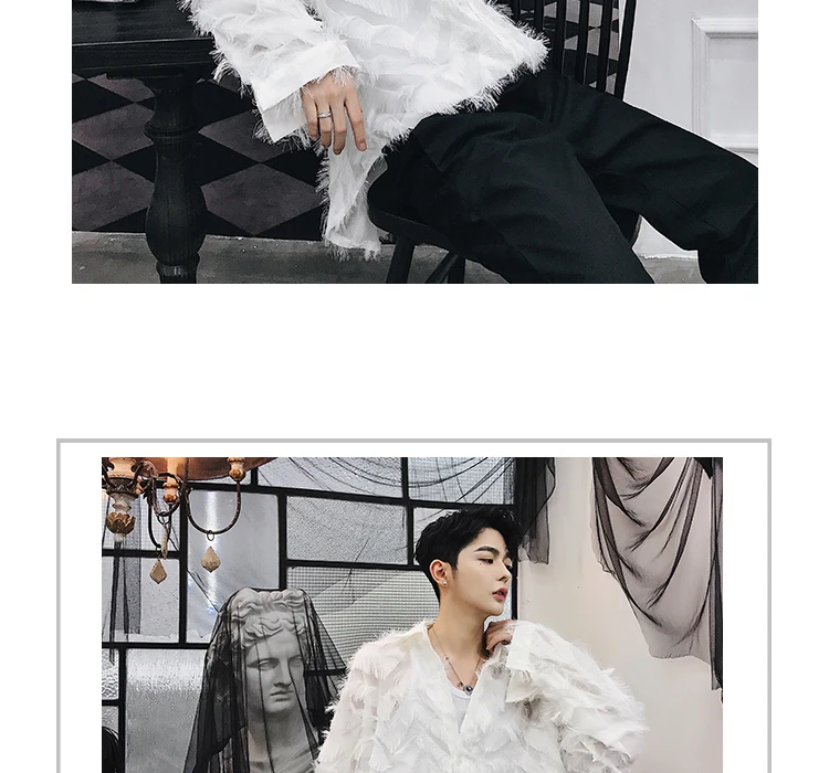 Description Picture 5 of itemSenior 3D Feather Sheer Sexy Men Blouse Trendy Handsome Party Shirt Male Dinner Banquet Fairy Elegant Tops Chic Vibe Ins Blouse