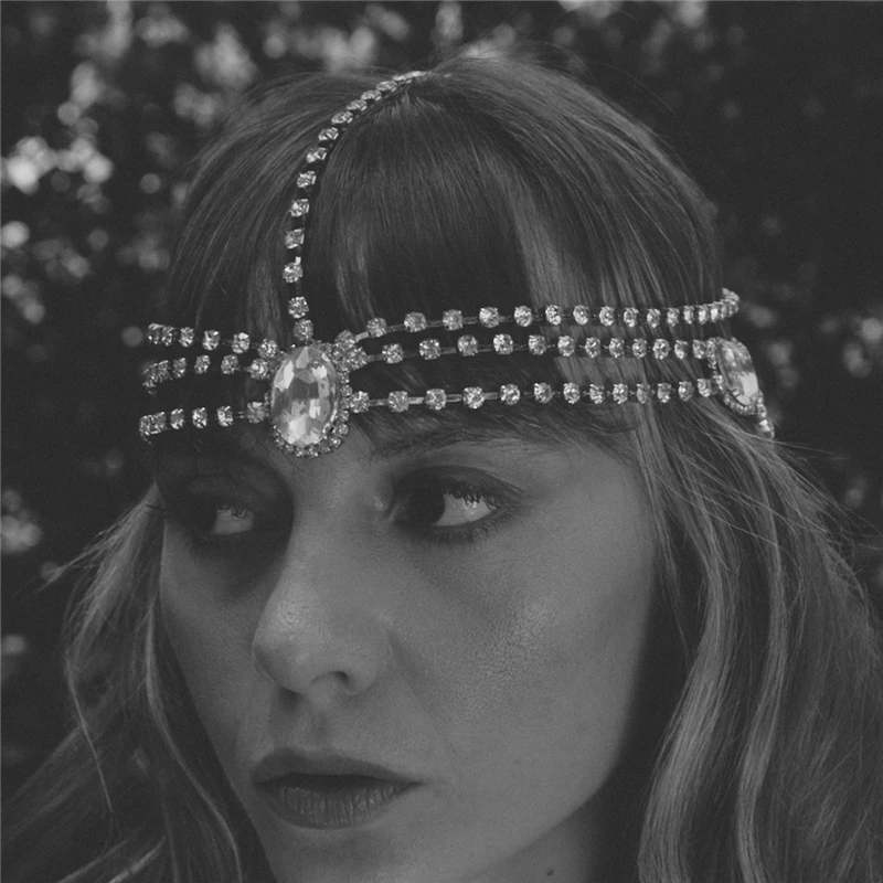 

Boho Crystal Ellipse Forehead Head Chain Headwear Headpiece Rhinestone Wedding Hair Accessories For Women Bride Indian Jewelry