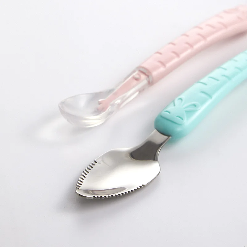 Baby Silicone Soft Spoon Stainless Steel Double Head Mud Scraping Fruit Mud Spoon Feeding Complementary Food silicone feeding spoon silicone cutlery set baby cutlery