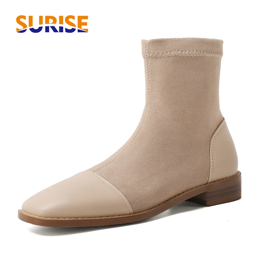 

Big Size Winter Women Ankle Boots Black Patchwork Stretch Faux Suede Low Heels Casual Office Lady Square Toe Slip-on Short Boots
