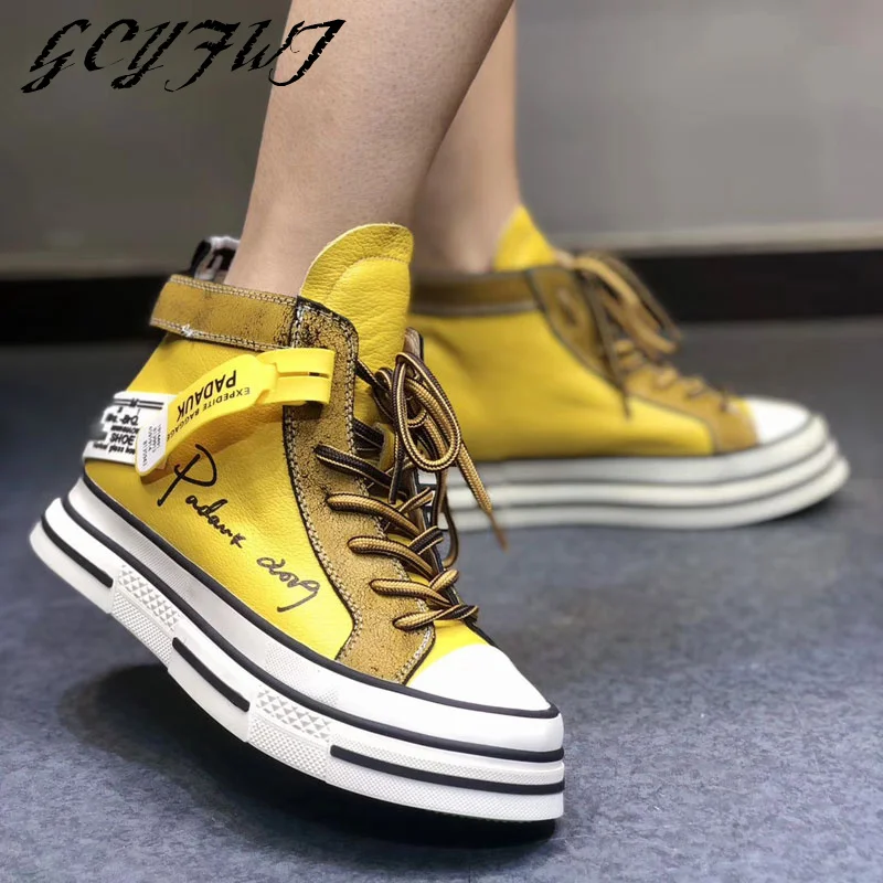 Women Sneakers Genuine Leather Fashion High Top Casual Platform Women Flat Shoes Lace-Up Soft Running Thick Bottom Ankle Boots