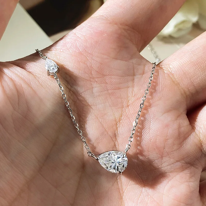 2 Gem Silver Pear Cut Moissanite Stone Necklaces