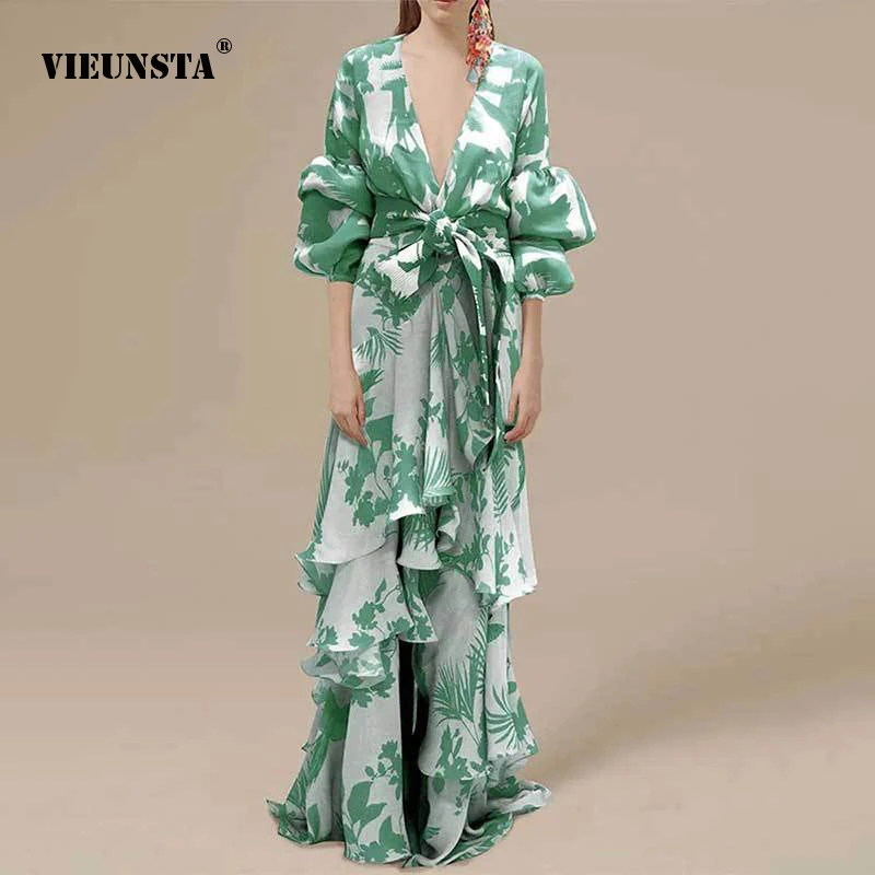 

Elegant Printing Women Party Dresses Boho Cascading Ruffles Irregular Long Dress Sexy V-neck Pile Up Sleeves Lace-up 2023 Autumn