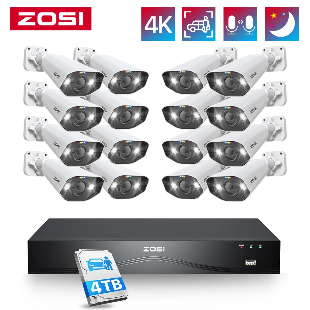 

ZOSI 32-канальная 4K PoE система камер безопасности 4 ТБ Обнаружение лица/человека/транспортного средства 16 портов 32-канальная система видеонаблюдения NVR двухдисковая 8-мегапиксельная IP-камера наблюдения