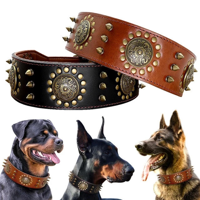 Leather Large Dog Collar Pitbull Spiked Studded Collars for Medium Large Big Dogs Genuine Leather Durable Pet Collar Brown Leather Large Dog Collar Pitbull Spiked Studded Collars for Medium Large Big Dogs Genuine Leather Durable Pet Collar Brown