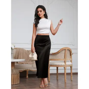 BABYONLINE Long Satin Half Skirts For Women Vintage Elastic High Waist Straight Skirt Midi Basic Party High Street Female Skirt