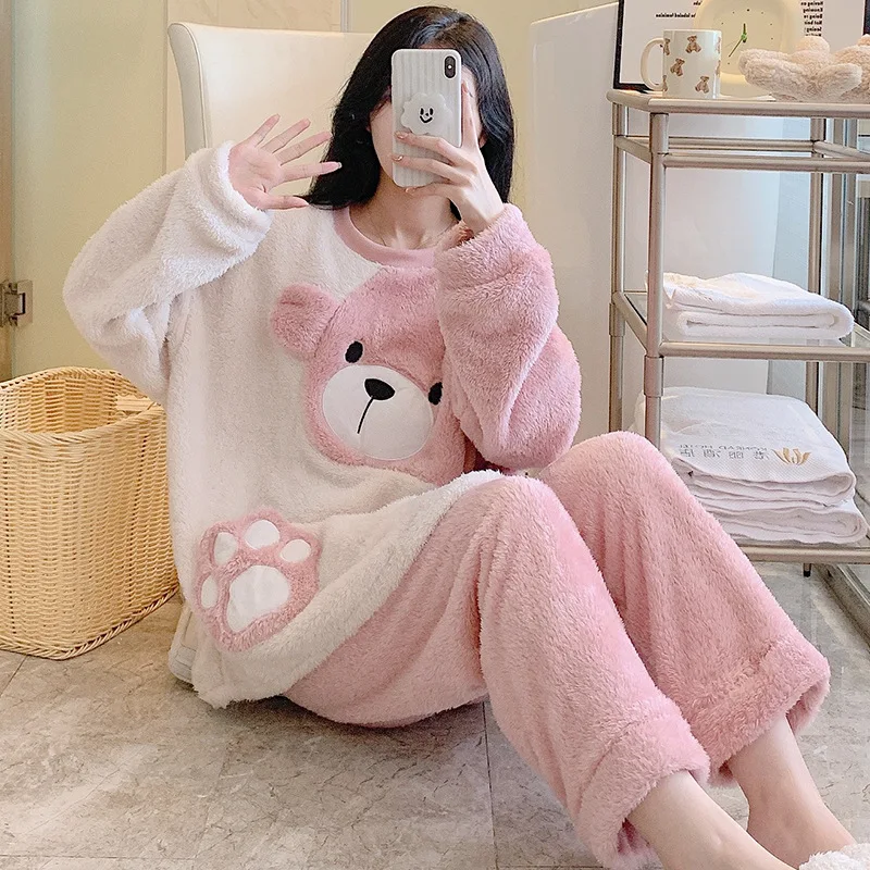 Winter Women's Plush Pajamas Set Sweet Cute Bear Thickened Coral Fleece Sleepwear Cartoon Casual Home Suit Ladies Loungewear