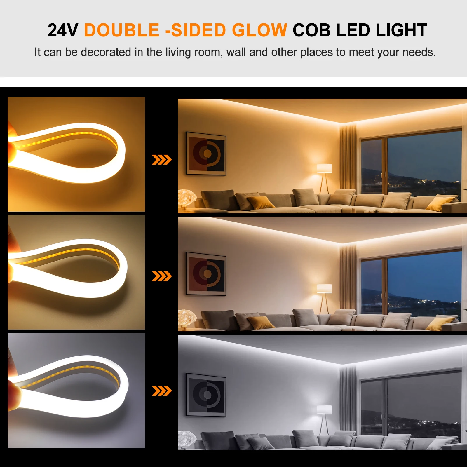 IP68 방수 태양광 COB LED 네온 스트립 양면 발광 고휘도 320LED/M 웜 화이트 내추럴 8가지 모드 플렉시블 네온 램프 실내외 겸용