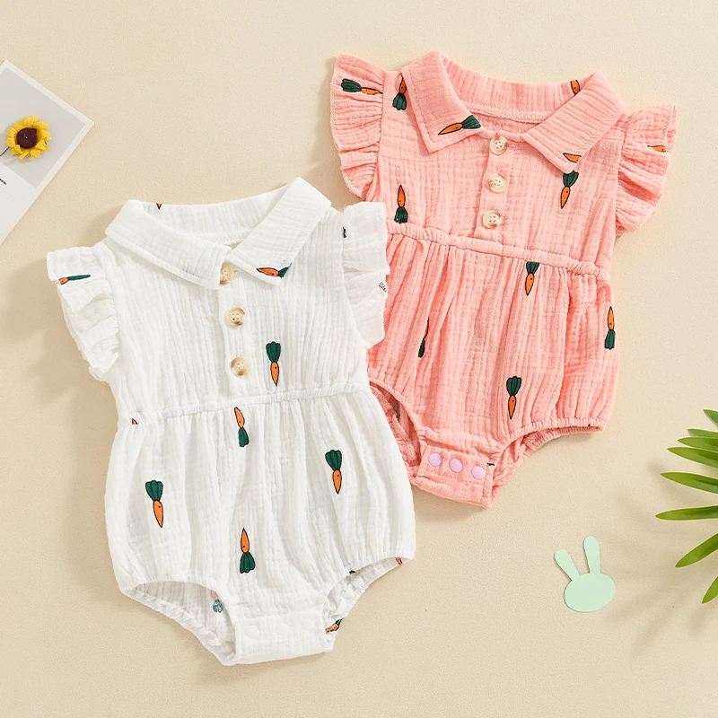 

Tregren 0-24M Newborn Baby Girl Summer Rompers Fly Sleeve Carrot Print Button Front Bodysuit Casual Infant Jumpsuit Clothes