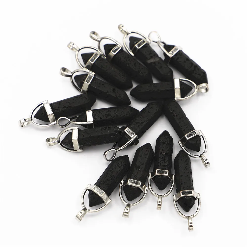 Natural Gems Volcanic Stone Pillar Point Black Pendants Necklace for Making Wonder Women Designer Charms Jewelry Trendy 24pcs