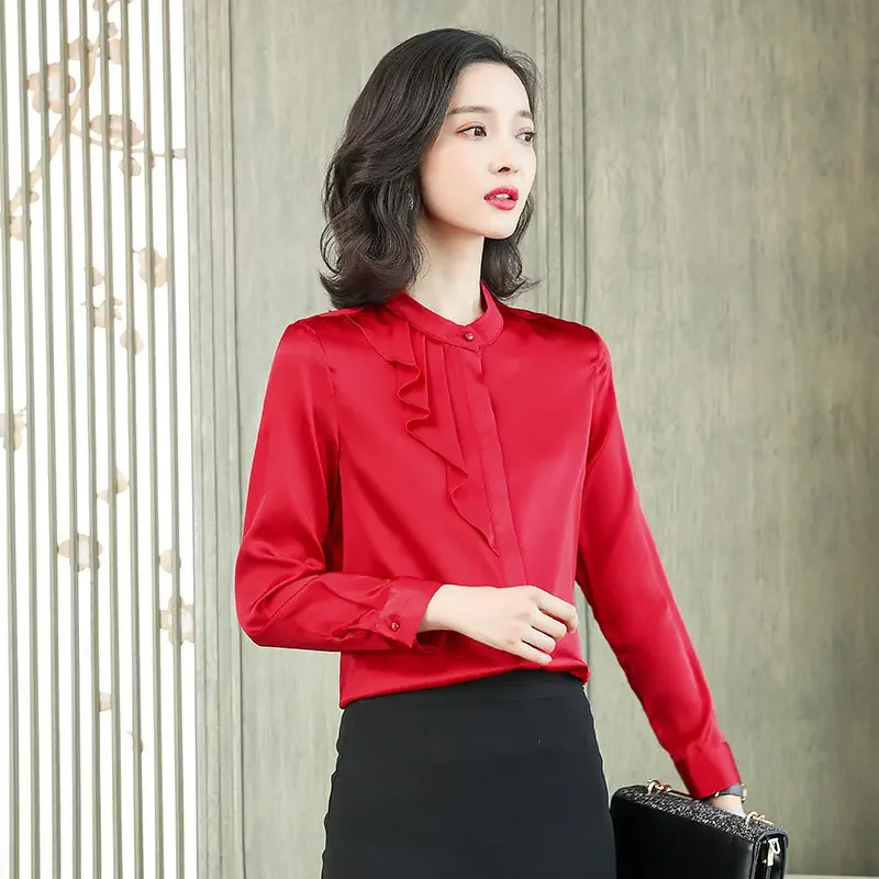 thumbnail image 1 of Blusa elegante de seda pura rosa de principios de otoño para mujer, jersey de manga larga con volantes y cuello redondo, camisa suave y elegante de alta gama a la moda, 1 of 5