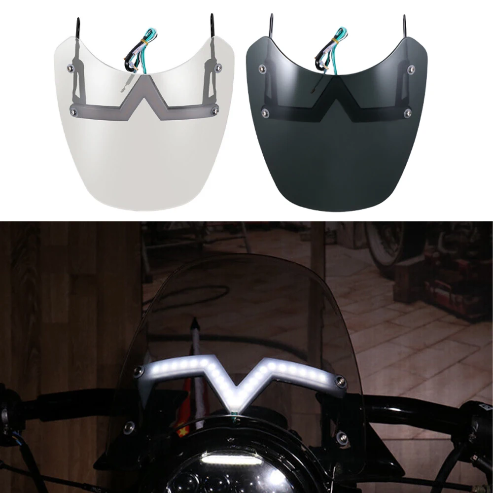 

Motorcycle Windshield Wind Deflector Windscreen Fairing with DRL LED Turn Signal Light Universal for 5-7inch