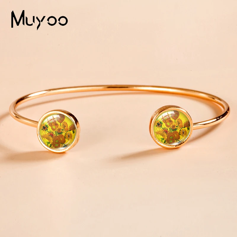 2023 New Arrival Fashion Van Gogh Starry Night Paintings Glass Dome Bangle Cuff Jewelry Handmade Golden Color Bangles 4