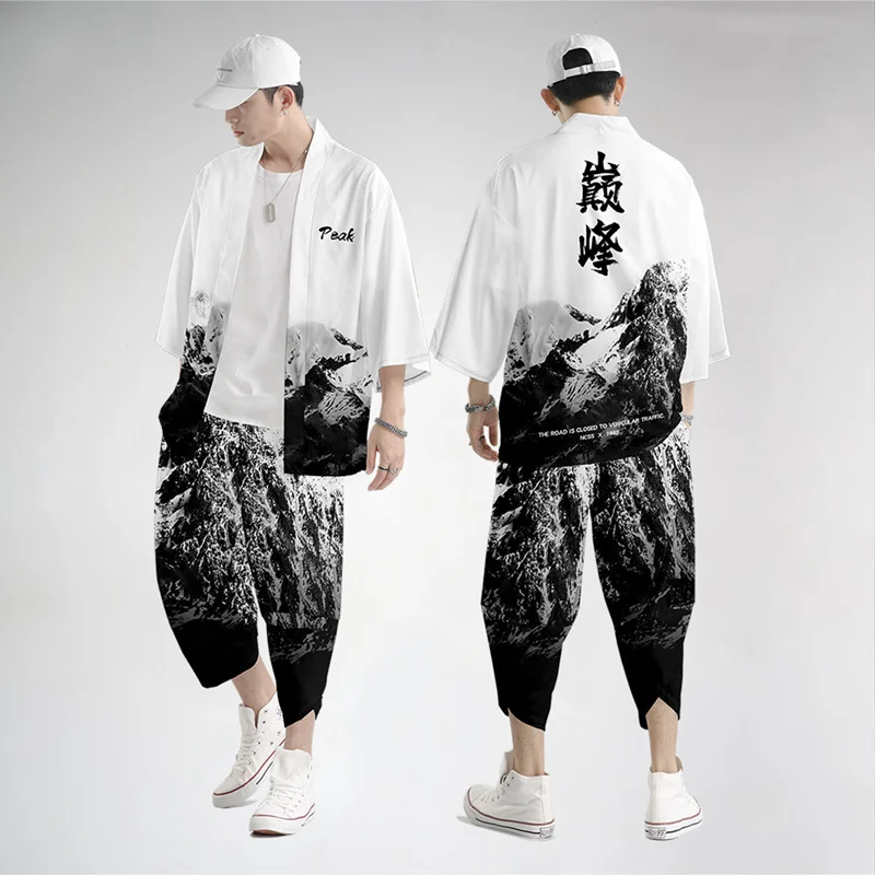 Two-piece Suit Oversize XXS-6XL Japanese Style Fashion Kimono And Pants Set Men Cardigan Blouse Haori Obi Asian Clothes 3