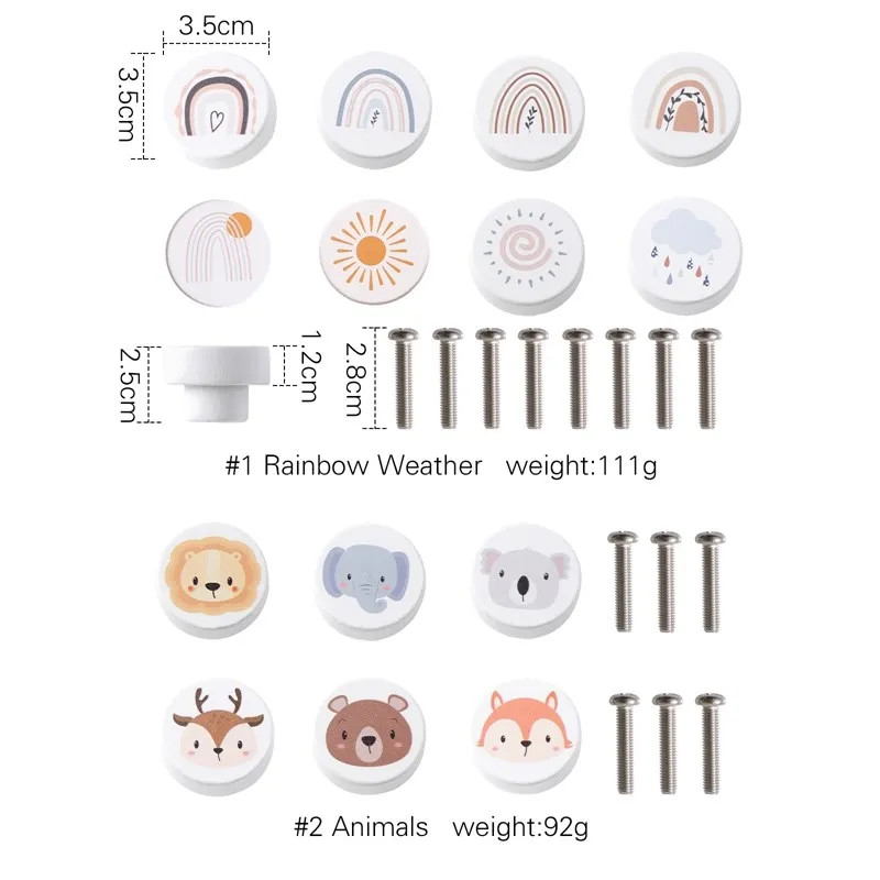 1Set Round Wooden Drawer Knob Cartoon Animal Rainbow Cloud Dresser Knob Baby Cupboard Furniture Drawer Pulls Handles with Screws